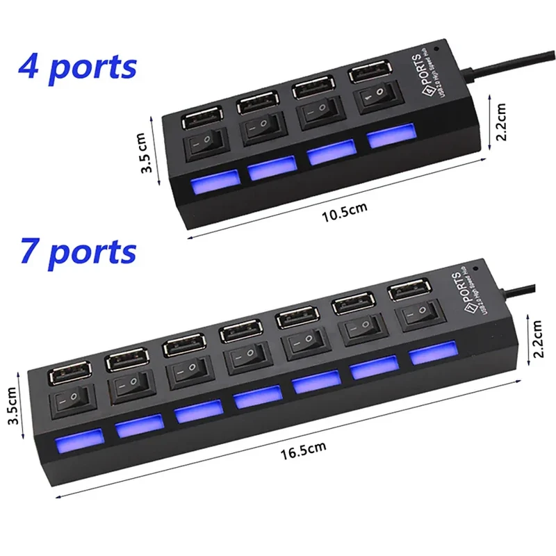 USB 2.0 Hub USB Hub 2.0 Multi USB Splitter Hub Use Power Adapter 4/7 Port Multiple Expander 2.0 USB Hub with Switch for PC