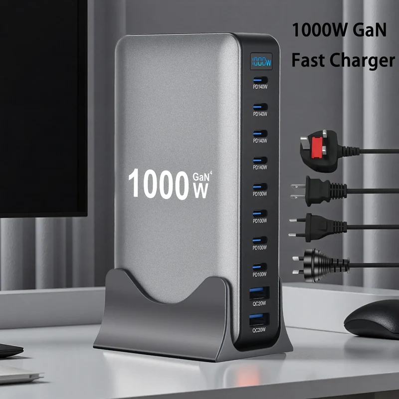 New 1000W GaN USB Type C Charger PD3.1 PPS 10-Port Desktop Fast Charging Station Adapter for Tablets & Mobile Dropshipping