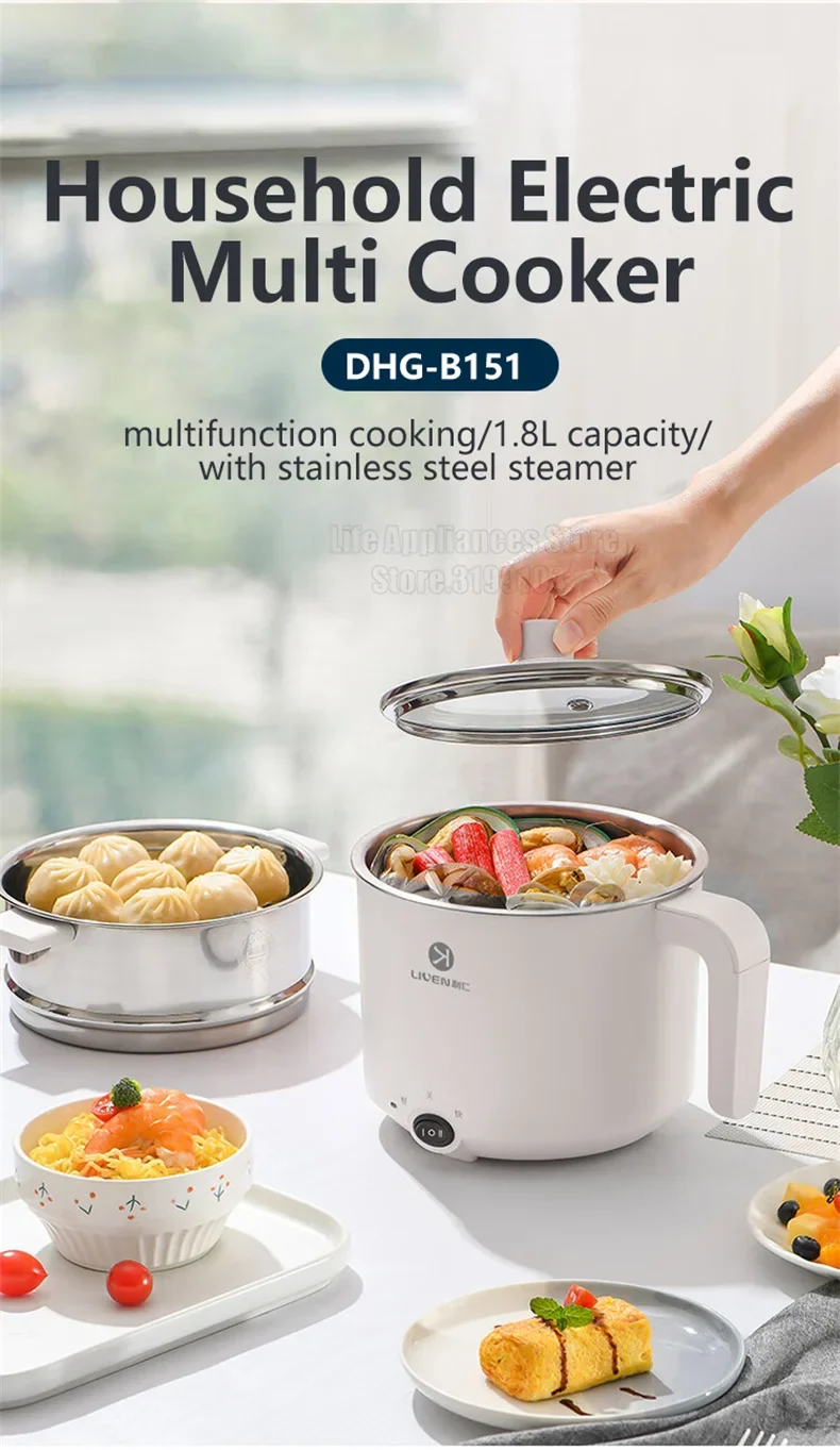 Liven Electric Multi Cooker 1.8L with 304 Stainless Steel Steamer Multifunctional Cooking Rice Porridge Noodle Mini Hot Pot 600W