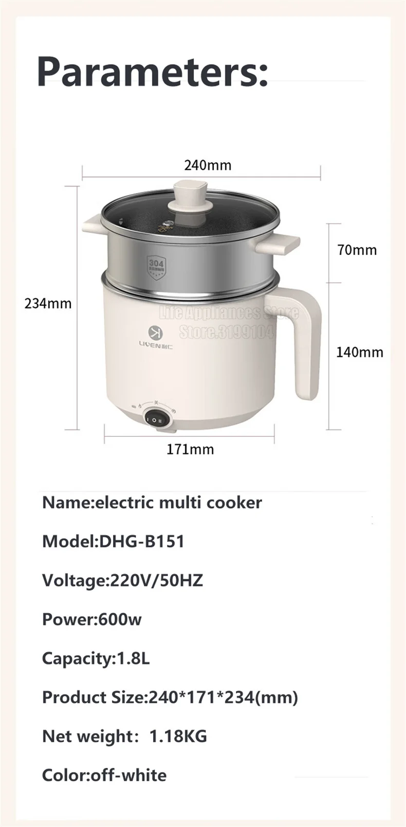Liven Electric Multi Cooker 1.8L with 304 Stainless Steel Steamer Multifunctional Cooking Rice Porridge Noodle Mini Hot Pot 600W
