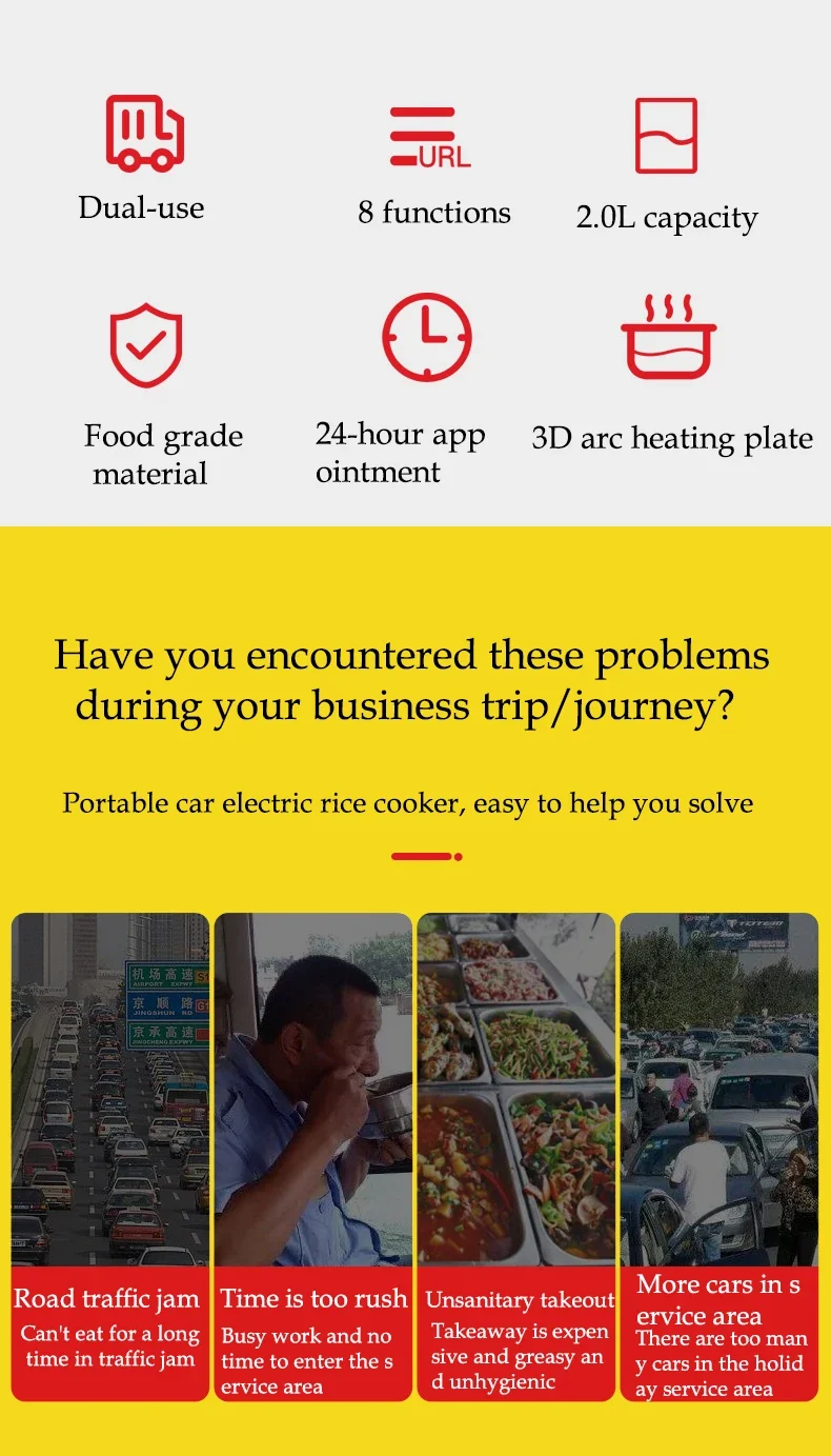 Portable Car Rice Cooker 2L Electric Truck Multi-Cooker Soup Porridge Cooking Food Steamer Electric Lunch Box 12V or 24V