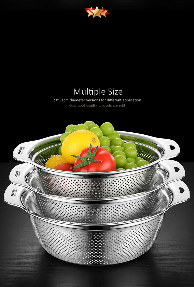 LFGB Certification Kitchen Fruit Vegetable and Rice Washing Basin 23~31cm Diameter Dense Drainage Hole Colander with Side Handle