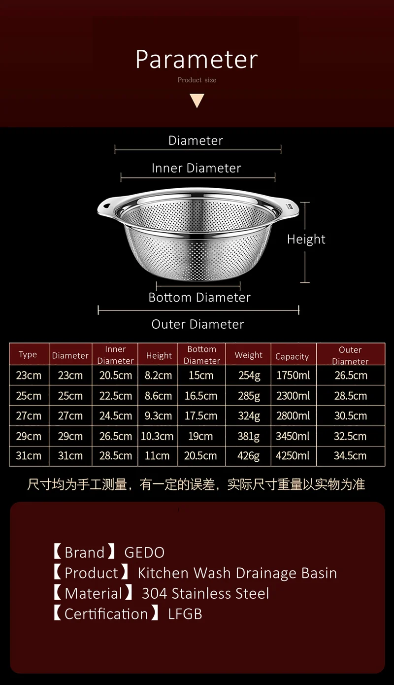 LFGB Certification Kitchen Fruit Vegetable and Rice Washing Basin 23~31cm Diameter Dense Drainage Hole Colander with Side Handle