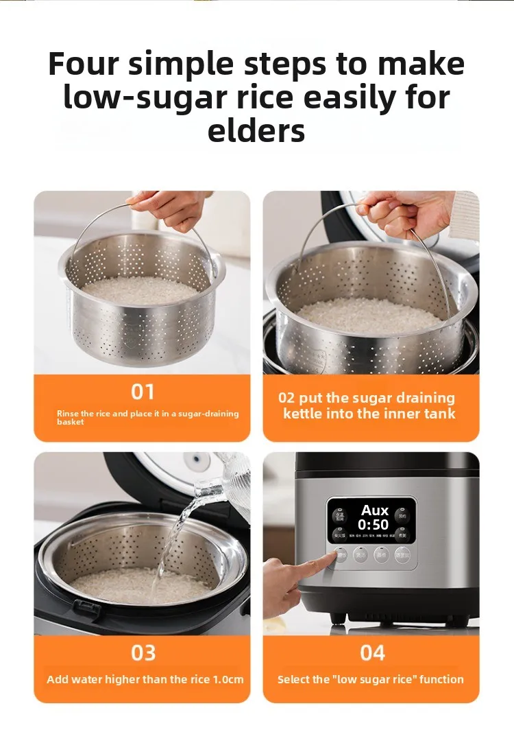 Low sugar rice cooker rice soup separation steaming 2-3L uncoated stainless steel rice cooker timer reservation