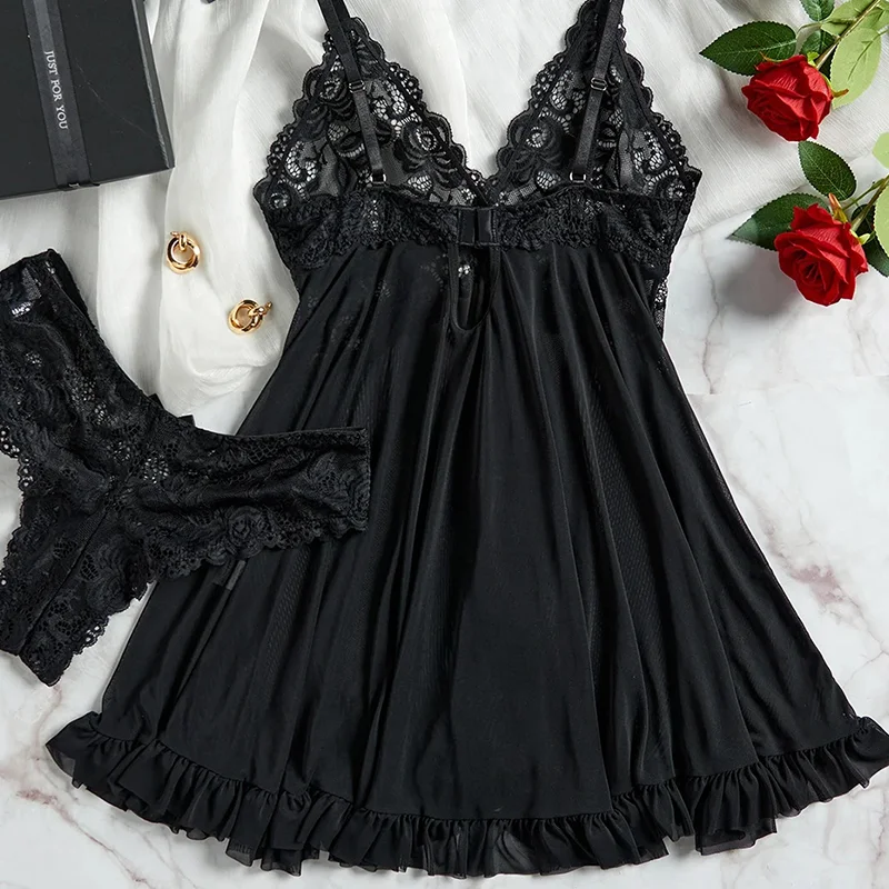 ALLTOOALL Women's Sleepwear Underwear Transparent Sexy Lace Red Lingerie Pijamas Sets Nightdress And Panty Female Nighty Clothes