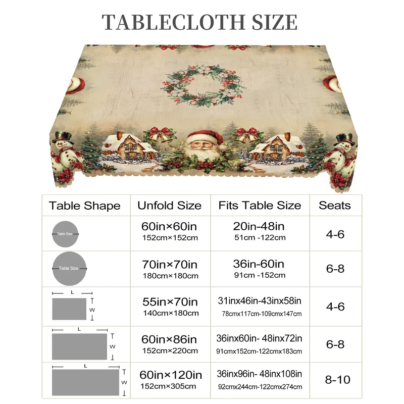 1 Piece Christmas Round and Rectangular Tablecloth, Various Sizes, Retro Santa Claus and Christmas Tree Print Design Pattern Tablecloth, Christmas Garden Tablecloth Decoration, Tablecloth for Daily Home Kitchen, Terrace, Gift