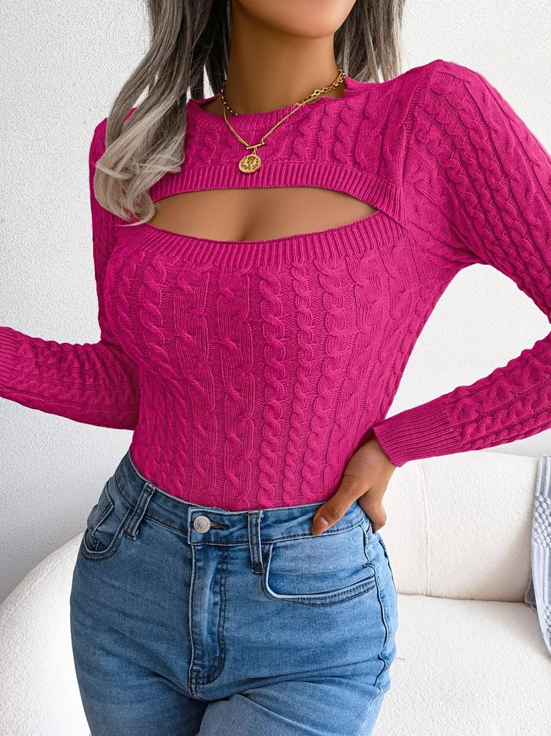 Women'S Long Sleeve Hollow Sweater | High Stretch Fabric, Crew Neck, Sexy Slim Fit, Autumn/Winter