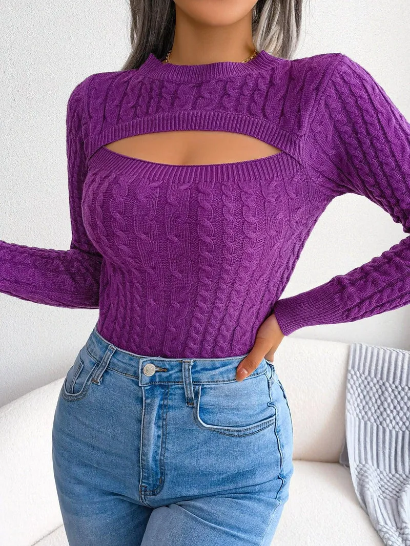 Women'S Long Sleeve Hollow Sweater | High Stretch Fabric, Crew Neck, Sexy Slim Fit, Autumn/Winter
