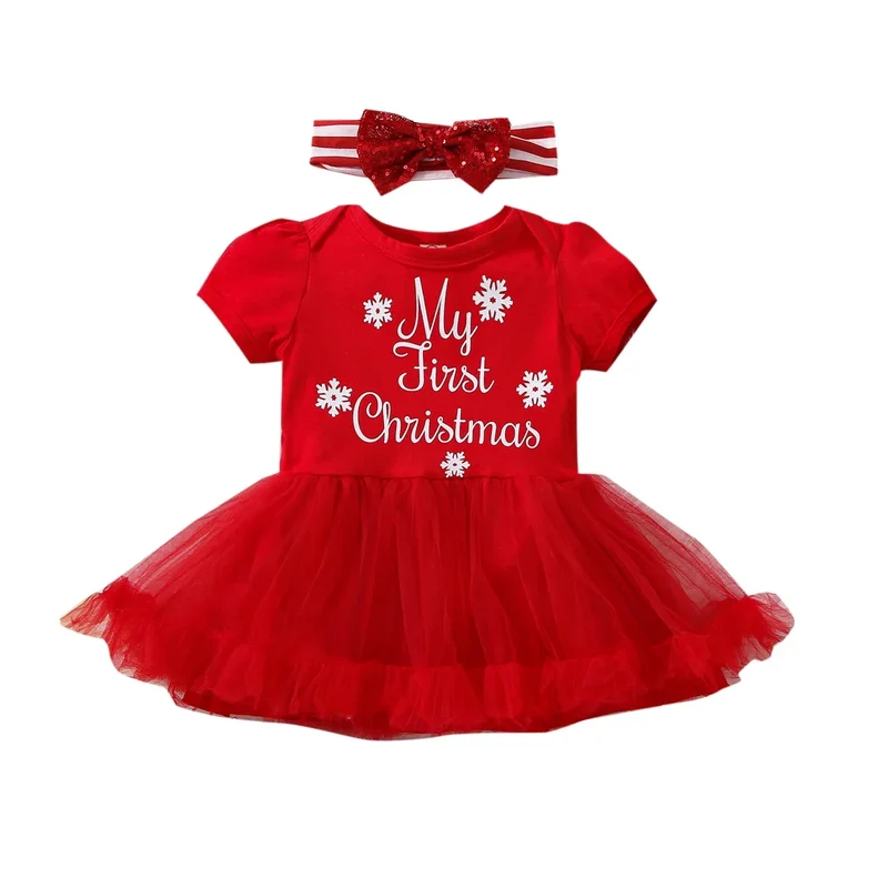 Ma&Baby 0-24M 1st Christmas Baby Girl Romper Newborn Infant Toddler Girl Letter Lace Ruffle Jumpsuit Xmas Costumes D01