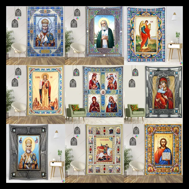 Icon of Christ Tapestry Jesus Easter Wall Decor God Home Decoration Blessed Virgin Mary Wall Tapestries Christmas Room Decor