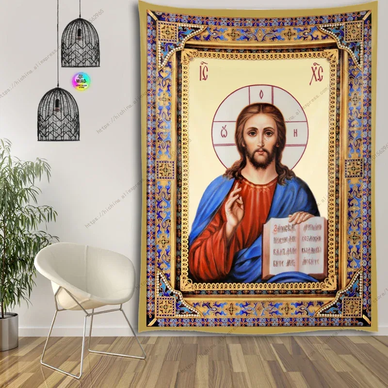 Icon of Christ Tapestry Jesus Easter Wall Decor God Home Decoration Blessed Virgin Mary Wall Tapestries Christmas Room Decor