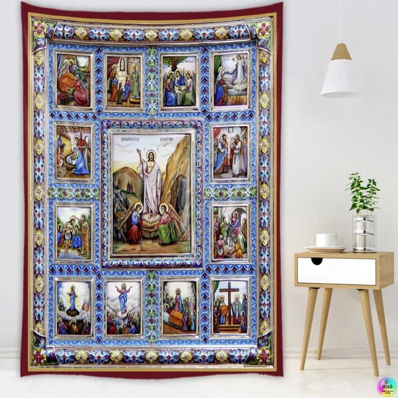Icon of Christ Tapestry Jesus Easter Wall Decor God Home Decoration Blessed Virgin Mary Wall Tapestries Christmas Room Decor