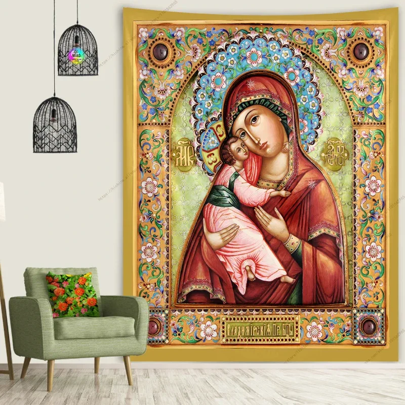 Icon of Christ Tapestry Jesus Easter Wall Decor God Home Decoration Blessed Virgin Mary Wall Tapestries Christmas Room Decor