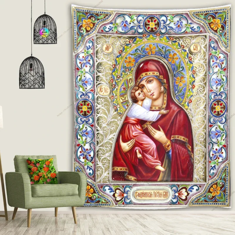 Icon of Christ Tapestry Jesus Easter Wall Decor God Home Decoration Blessed Virgin Mary Wall Tapestries Christmas Room Decor