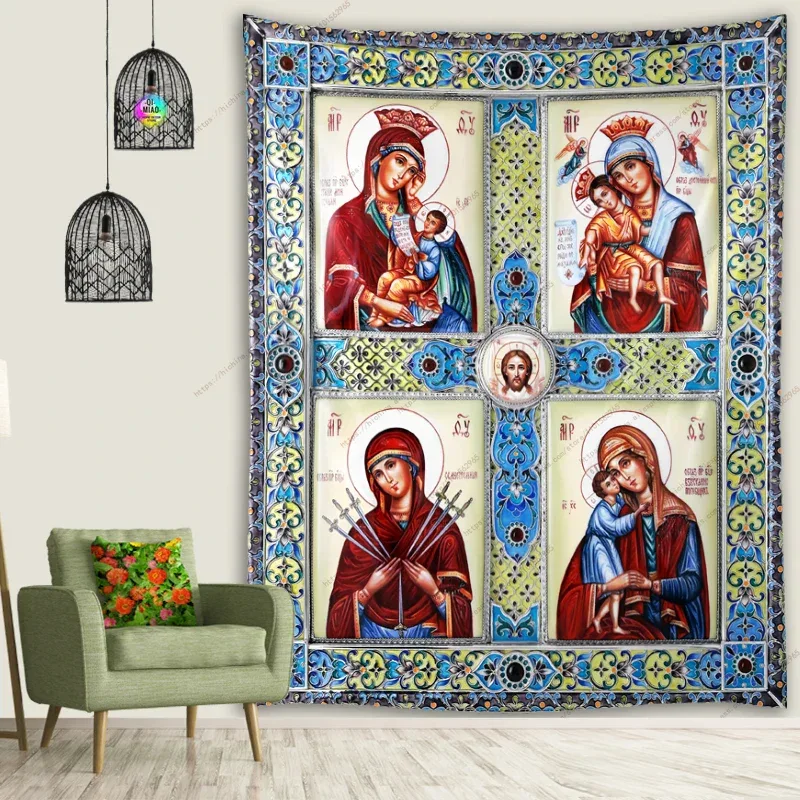 Icon of Christ Tapestry Jesus Easter Wall Decor God Home Decoration Blessed Virgin Mary Wall Tapestries Christmas Room Decor