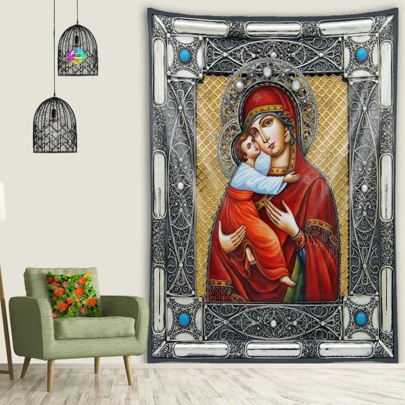 Icon of Christ Tapestry Jesus Easter Wall Decor God Home Decoration Blessed Virgin Mary Wall Tapestries Christmas Room Decor