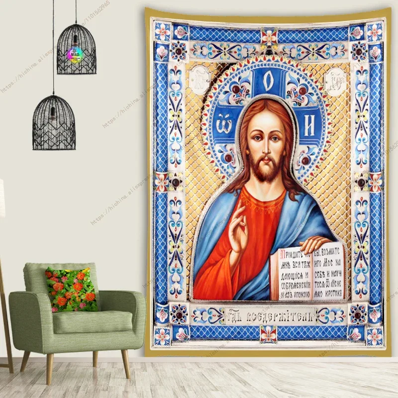 Icon of Christ Tapestry Jesus Easter Wall Decor God Home Decoration Blessed Virgin Mary Wall Tapestries Christmas Room Decor