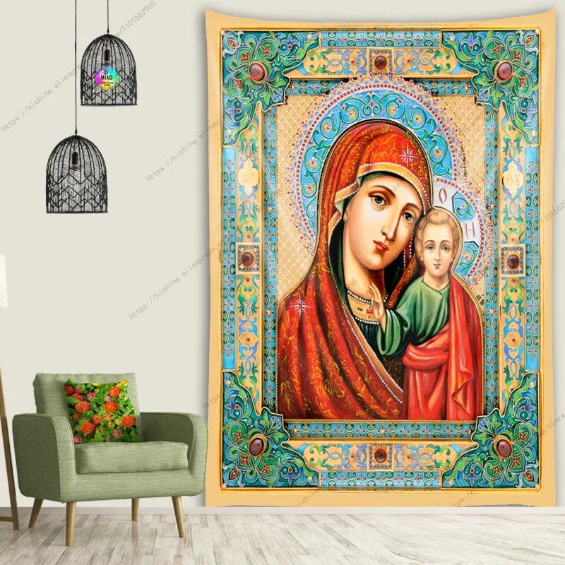 Icon of Christ Tapestry Jesus Easter Wall Decor God Home Decoration Blessed Virgin Mary Wall Tapestries Christmas Room Decor