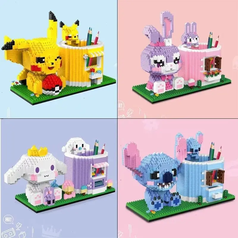 Stitch Pikachu Creative Building Blocks Pen Holder Series DIY Mini Diamond Building Block Doll Children's Toys Christmas Gift