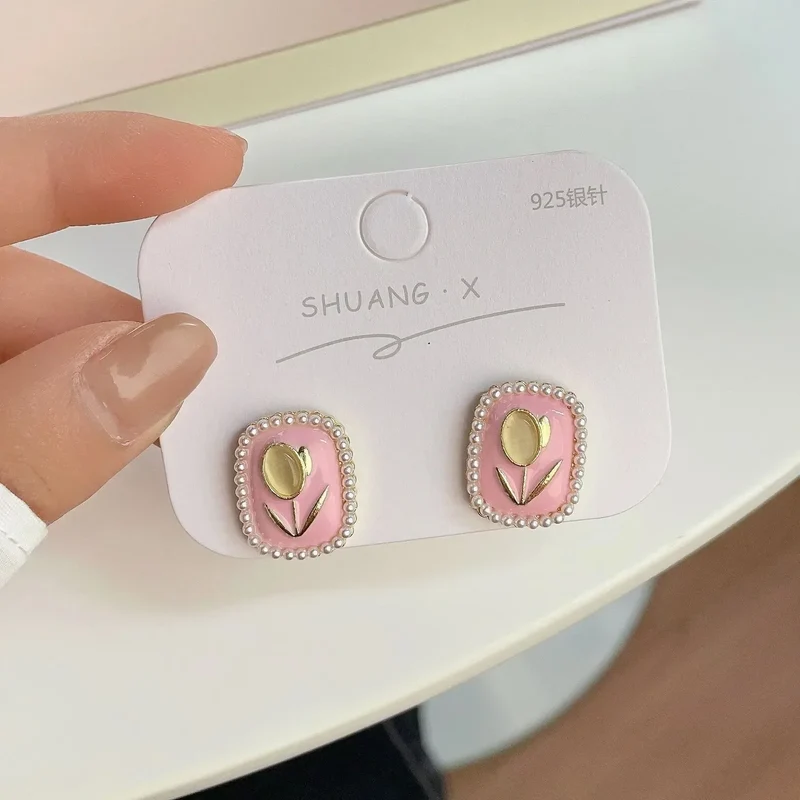 Opal Tulip Flower Pink Color Square Imitation Pearl Stud Earring for Women Korean Sweet Geometric Jewelry Christmas Girl Gift