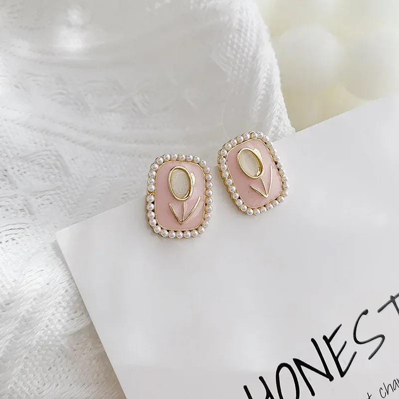 Opal Tulip Flower Pink Color Square Imitation Pearl Stud Earring for Women Korean Sweet Geometric Jewelry Christmas Girl Gift