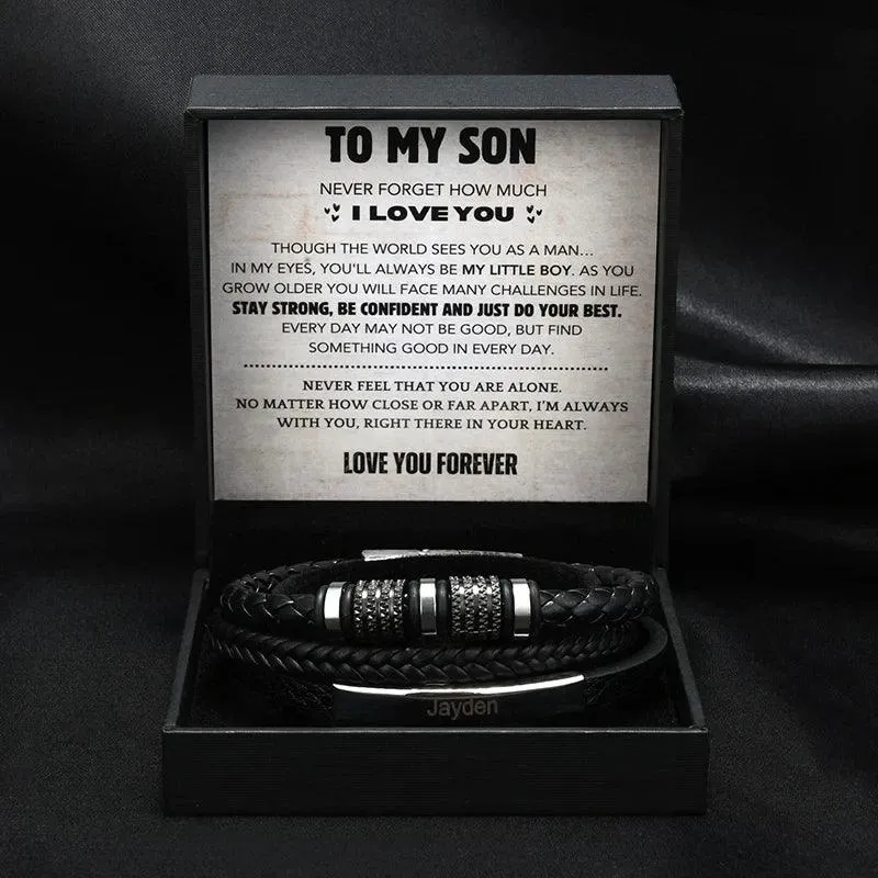 Custom Name To My Son Fashionable Titanium Steel CreativeLeather Woven BraceletWith Gift Box For Son Birthday Christmas Gift