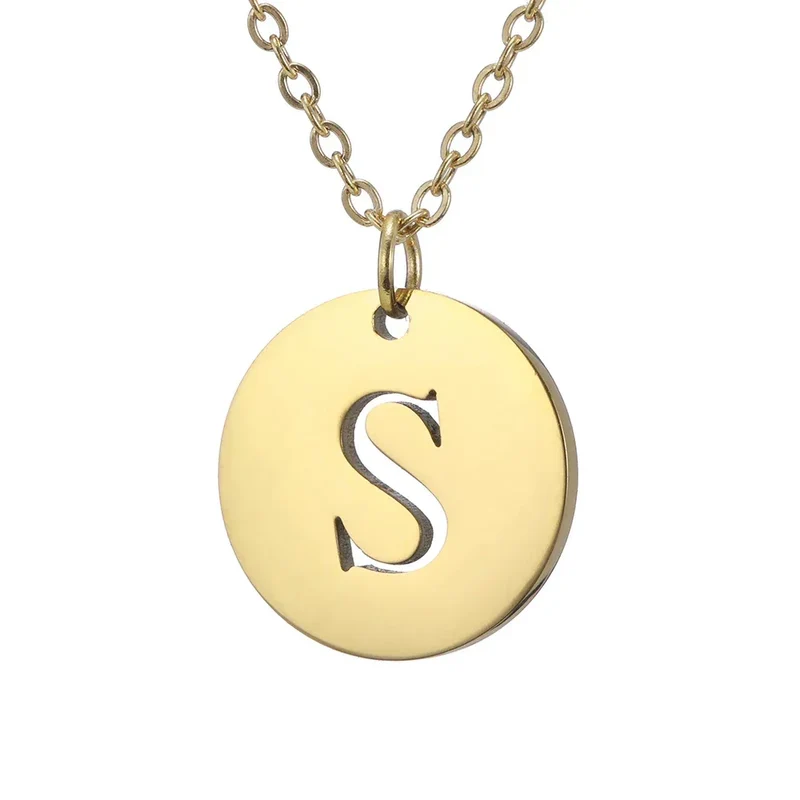 New Trend Stainless Steel Gold Silver Color Initials Necklace Hollow Round 26 Letter Pendant Necklace Jewelry Christmas Gift