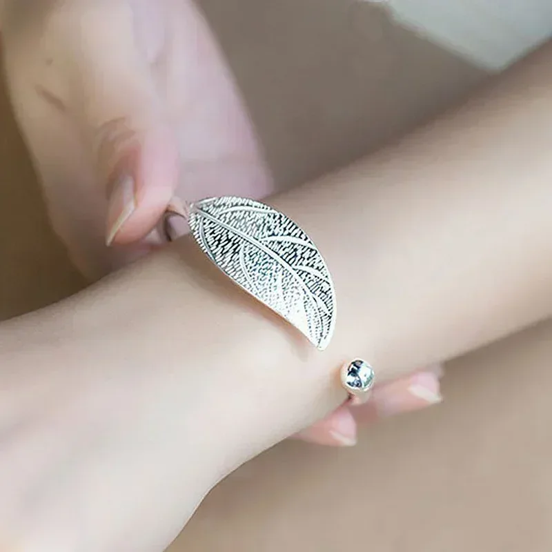Fashion 925 Sterling Silver Woman Cuff Bracelet Open Leaf Shaped Adjustable Charm Bangle Girls Party Jewelry Christmas Gifts