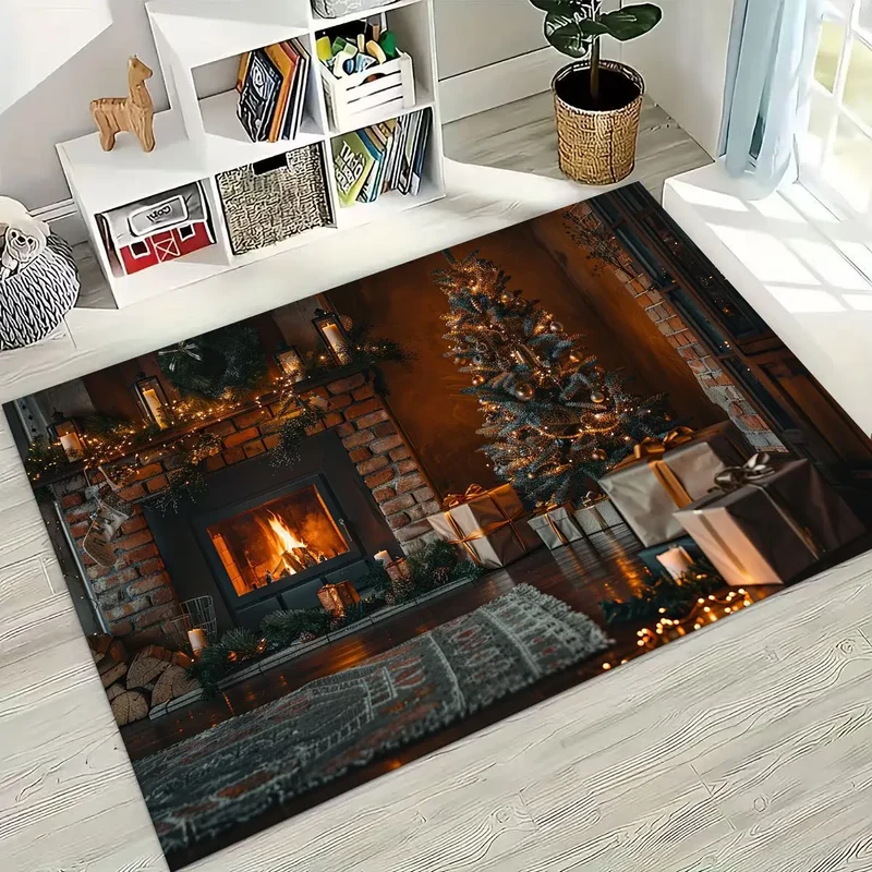 Happy New Year Merry Christmas Tree Santa Claus Cartoon Gift Carpet Rug for Bedroom Living Room Sofa Home Doormat Decor,Non-slip