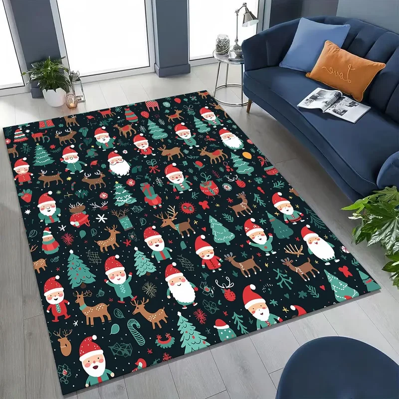 Happy New Year Merry Christmas Tree Santa Claus Cartoon Gift Carpet Rug for Bedroom Living Room Sofa Home Doormat Decor,Non-slip