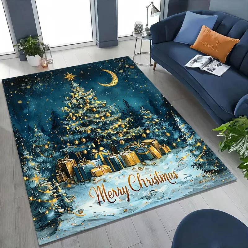 Happy New Year Merry Christmas Tree Santa Claus Cartoon Gift Carpet Rug for Bedroom Living Room Sofa Home Doormat Decor,Non-slip