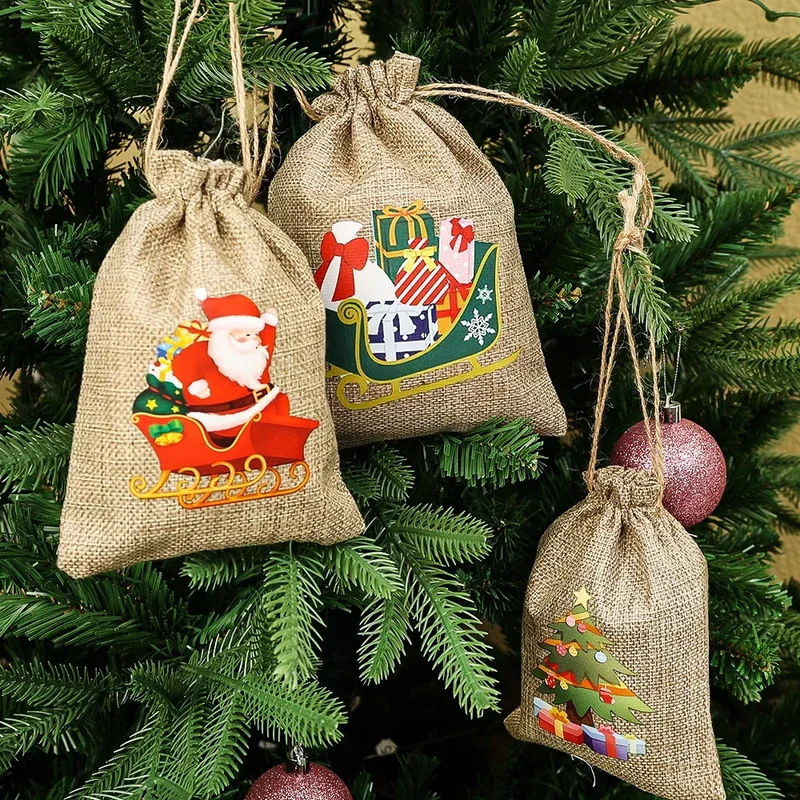 1/30PCS Christmas Linen Drawstring Bags Candy Biscuits Pouchs Burlap Bracelet Jewelry Storage Bags Xmas Kids Gift Packaging Bags