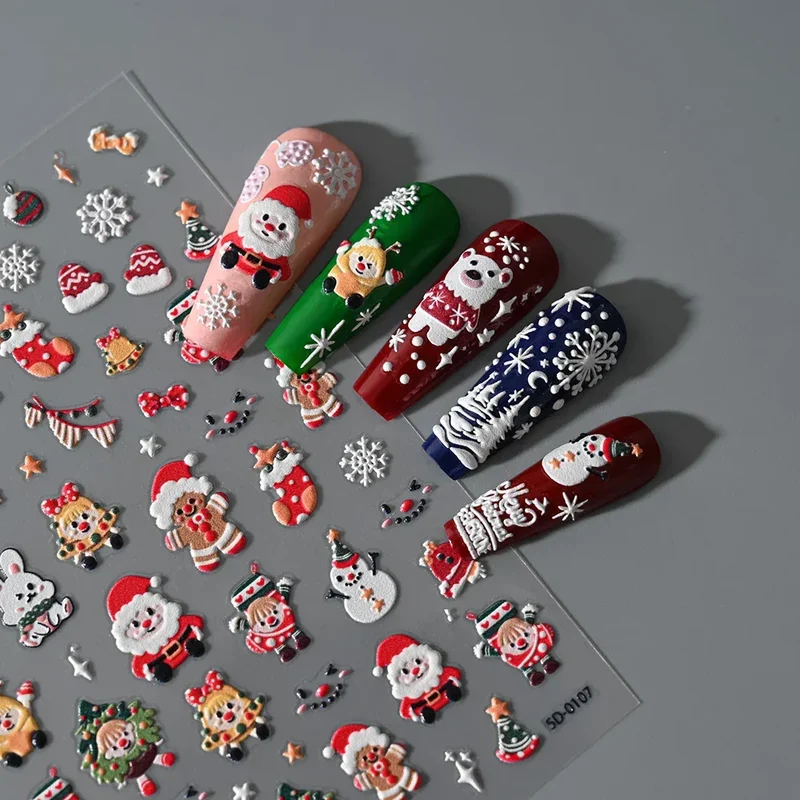 1pc Christmas Nail Art Stickers 5D Winter Holiday Themed Nail Decor Santa/Snowflakes/Christmas Trees/Gingerbread Nail Supplies *