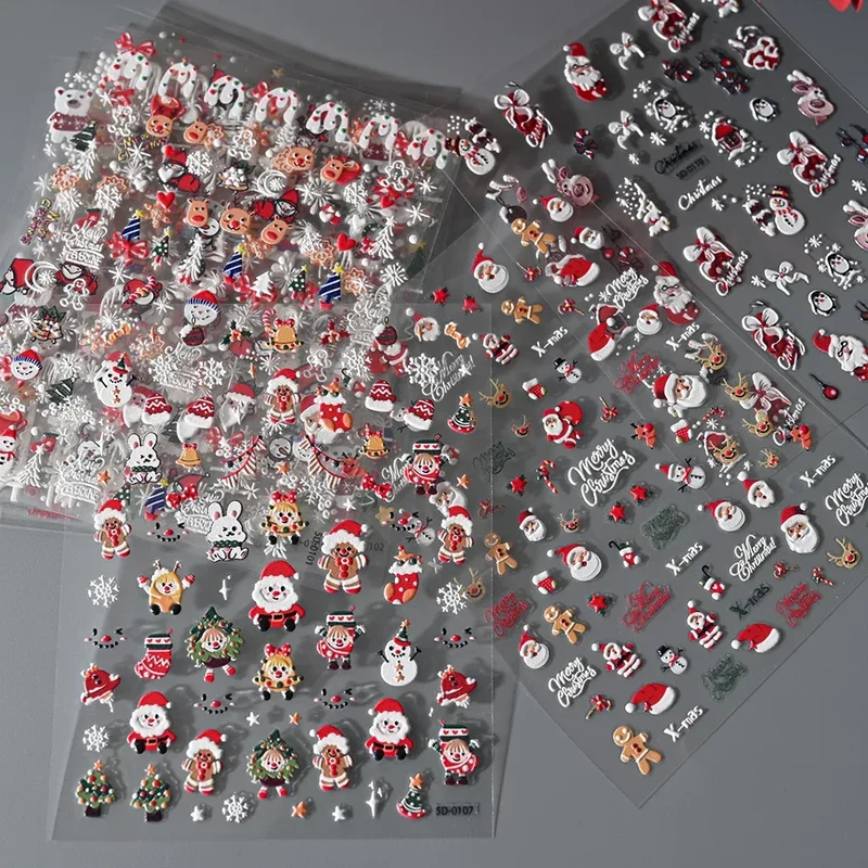 1pc Christmas Nail Art Stickers 5D Winter Holiday Themed Nail Decor Santa/Snowflakes/Christmas Trees/Gingerbread Nail Supplies *