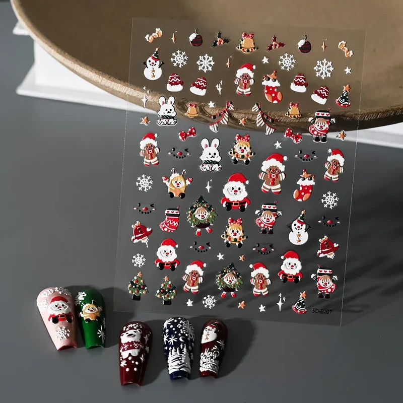 1pc Christmas Nail Art Stickers 5D Winter Holiday Themed Nail Decor Santa/Snowflakes/Christmas Trees/Gingerbread Nail Supplies *