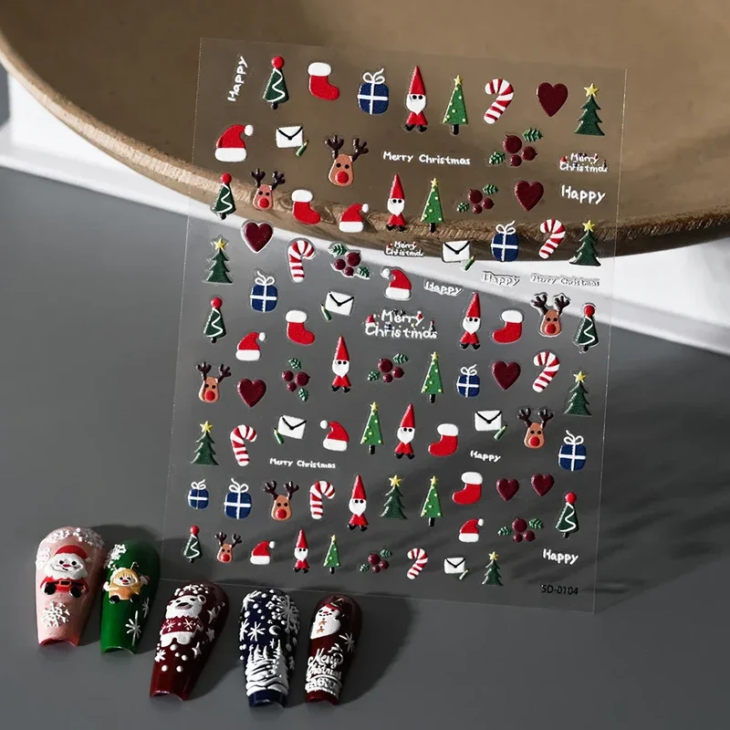 1pc Christmas Nail Art Stickers 5D Winter Holiday Themed Nail Decor Santa/Snowflakes/Christmas Trees/Gingerbread Nail Supplies *