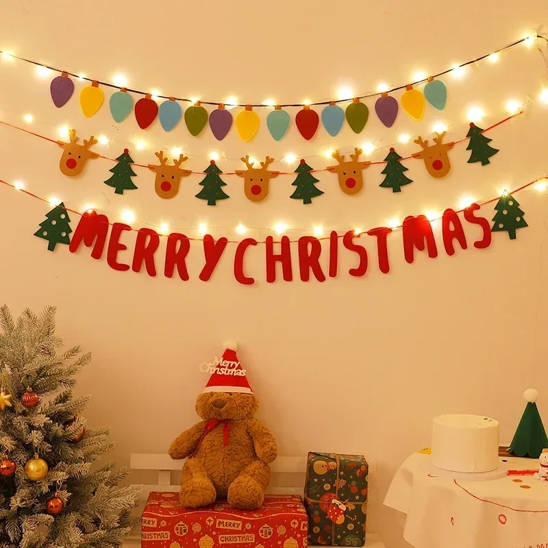 LED String Light DIY Handmade Decorated Merry Christmas Holiday Hanging Home Room Background Pull Flag Banner Christmas Pendant
