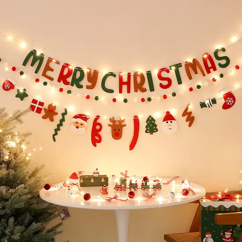 LED String Light DIY Handmade Decorated Merry Christmas Holiday Hanging Home Room Background Pull Flag Banner Christmas Pendant