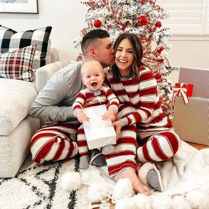 Merry Christmas 2025 Mother Father Kids Matching Pajamas Set Striped Casual Loose Pyjamas Xmas Family Look Holiday Wear Pjs Gift