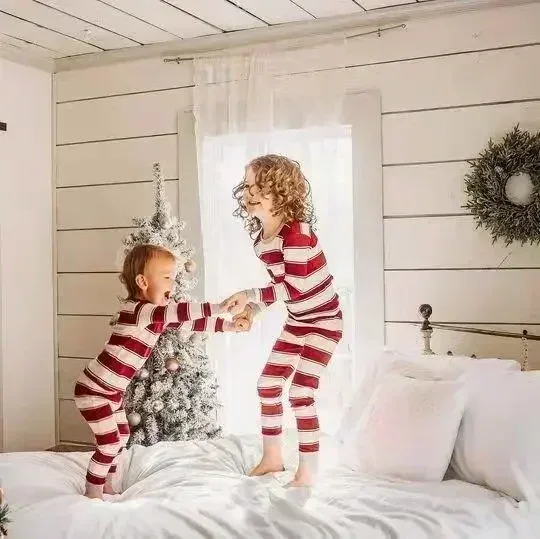 Merry Christmas 2025 Mother Father Kids Matching Pajamas Set Striped Casual Loose Pyjamas Xmas Family Look Holiday Wear Pjs Gift