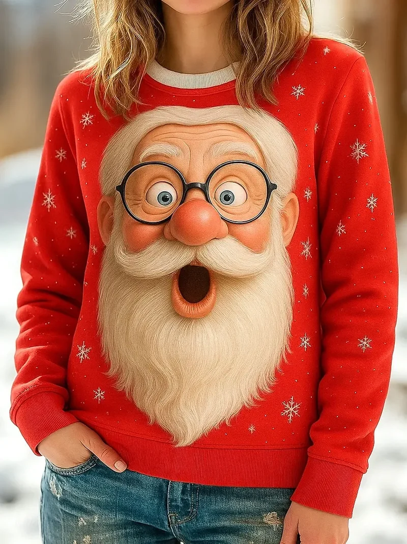 2025 Christmas Women's Santa Print Sweatshirts, Casual Long Sleeve Crewneck, Holiday Street Style, Spring Fall Cozy Fashion