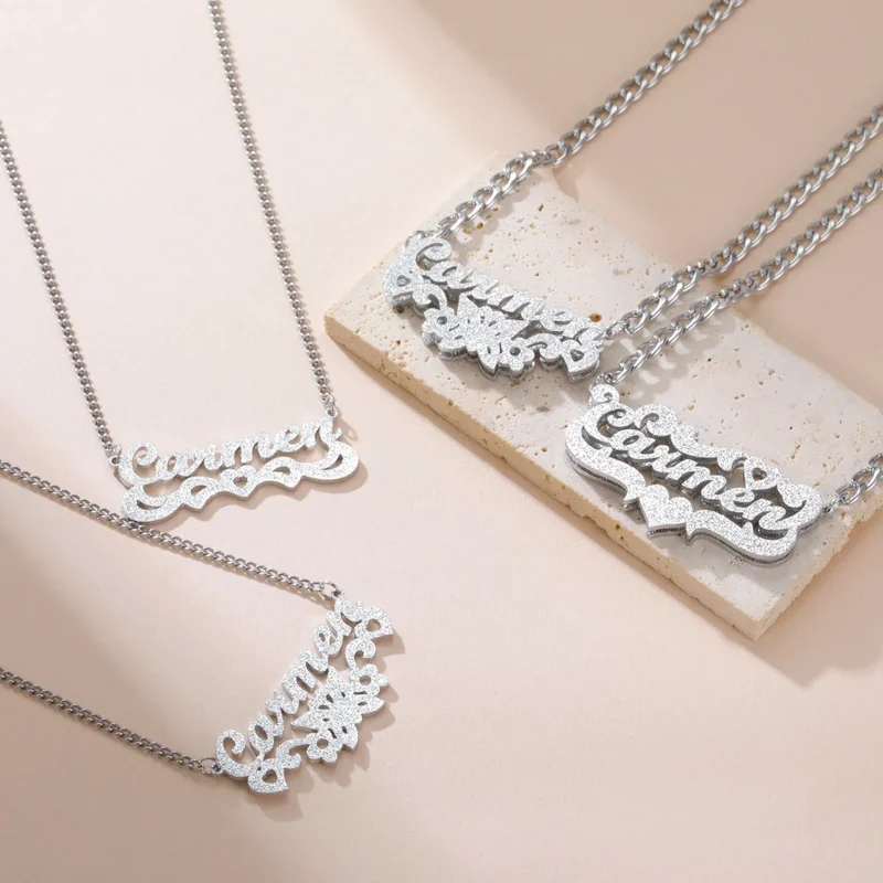 Sipuris Custom Name Necklace Women Jewelry Stainless Steel Golden Choker Cuban Chain Heart Ribbon Nameplate Pendant Necklace