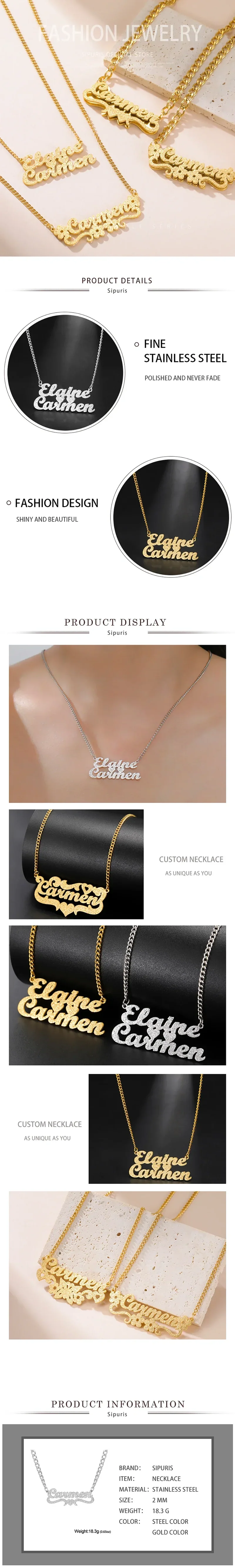 Sipuris Custom Name Necklace Women Jewelry Stainless Steel Golden Choker Cuban Chain Heart Ribbon Nameplate Pendant Necklace