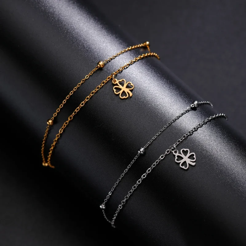 Sipuris Four Leaf Clover Bracelet For Women Stainless Steel Trendy Double Chain Lucky Amulet Pendant Jewelry Christmas Gifts