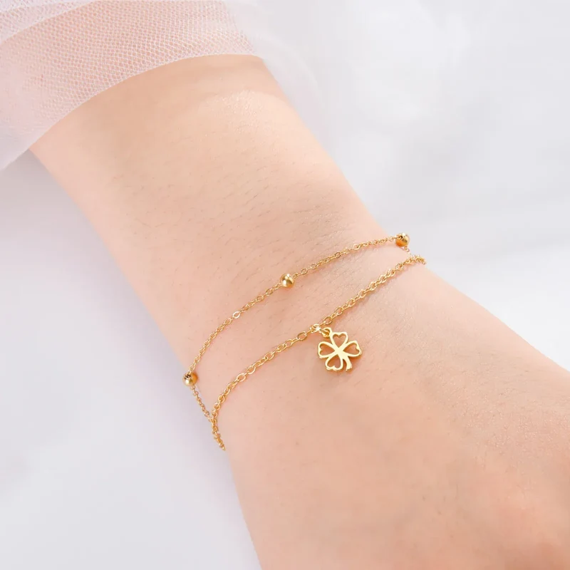 Sipuris Four Leaf Clover Bracelet For Women Stainless Steel Trendy Double Chain Lucky Amulet Pendant Jewelry Christmas Gifts