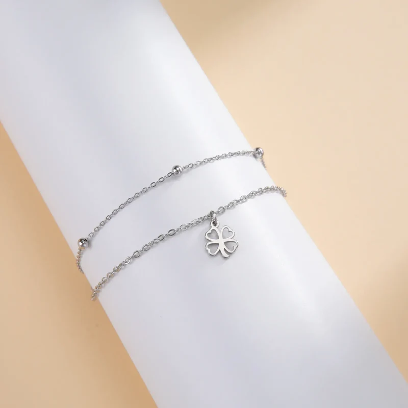 Sipuris Four Leaf Clover Bracelet For Women Stainless Steel Trendy Double Chain Lucky Amulet Pendant Jewelry Christmas Gifts