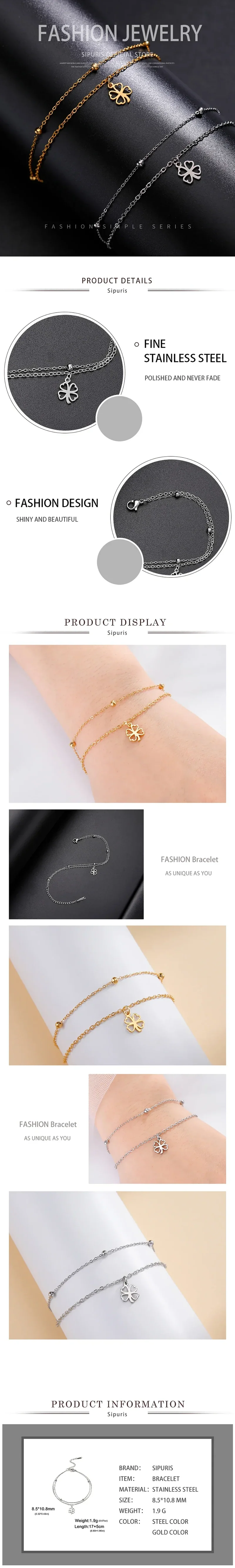 Sipuris Four Leaf Clover Bracelet For Women Stainless Steel Trendy Double Chain Lucky Amulet Pendant Jewelry Christmas Gifts