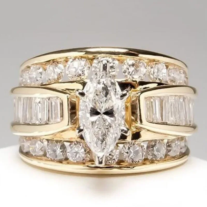 Gorgeous Three-Row White Zircon Engagement Rings Fashion Gold Color Party Anniversary Wedding Rings for Women Christmas Gifts
