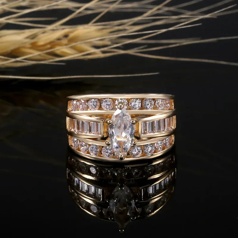 Gorgeous Three-Row White Zircon Engagement Rings Fashion Gold Color Party Anniversary Wedding Rings for Women Christmas Gifts