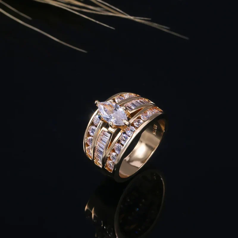 Gorgeous Three-Row White Zircon Engagement Rings Fashion Gold Color Party Anniversary Wedding Rings for Women Christmas Gifts